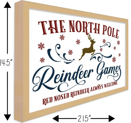 Outlet The North Pole Reindeer Games 14.5" x 21.5" Framed Christmas Wall Decor Art Print Sign Poster in a Natural Wooden Frame with UV Acrylic and Hangers Wall