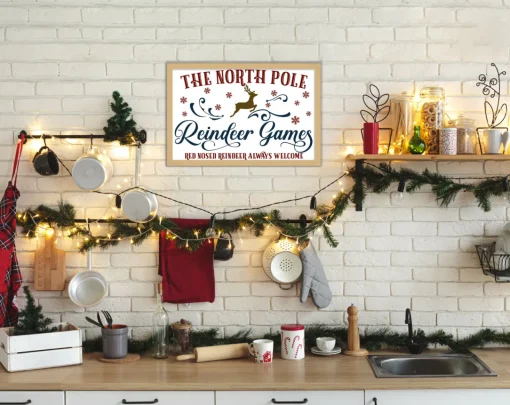 Outlet The North Pole Reindeer Games 14.5" x 21.5" Framed Christmas Wall Decor Art Print Sign Poster in a Natural Wooden Frame with UV Acrylic and Hangers Wall