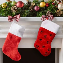 Sale Traditional Christmas Stocking with Black Paw Prints - 14"- Red and White Stockings