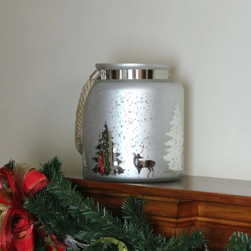 Best Tree Silhouette Mercury Glass Christmas Pillar Candle Holder - 9.5" - Silver and Gray Candle Holders