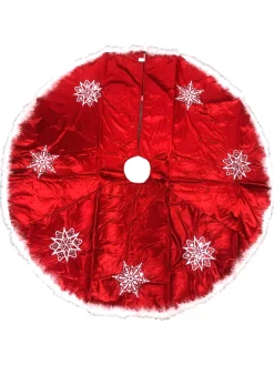 Trimmery Red Satin Snowflake Tree Skirt With Feather Boa Trim Christmas Holiday Cloth|Metal