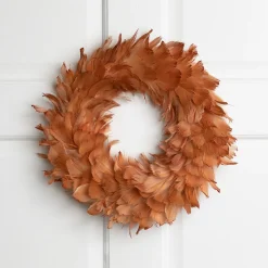 Hot Two-Tone Feathers Christmas Wreath - 14.5" - Unlit - Rust Orange Pre Decorated