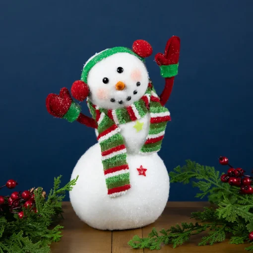 Online Waving Snowman with Earmuffs Glitter Christmas Figurine - 10" Snowmen