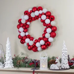 Best White and Red 3-Finish Shatterproof Ball Christmas Wreath - 24-Inch, Unlit Pre Decorated
