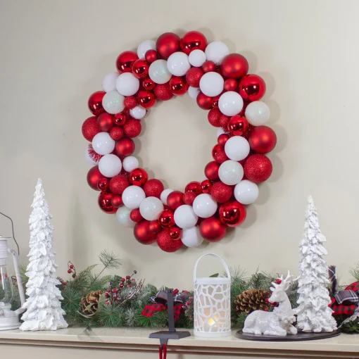 Best White and Red 3-Finish Shatterproof Ball Christmas Wreath - 24-Inch, Unlit Pre Decorated