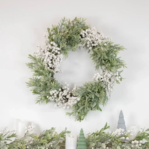 Outlet White Berry and Frosted Pine Christmas Wreath, 28-Inch, Unlit Unlit