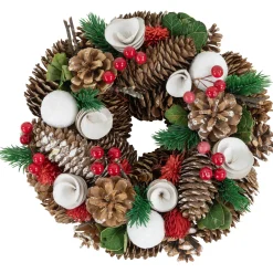 New White Wooden Rose, Pine Cone and Berry Artificial Christmas Wreath, 10-Inch, Unlit Pre Decorated