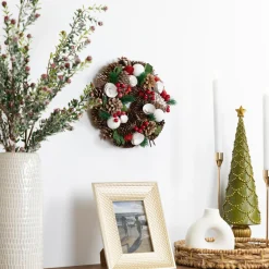 New White Wooden Rose, Pine Cone and Berry Artificial Christmas Wreath, 10-Inch, Unlit Pre Decorated