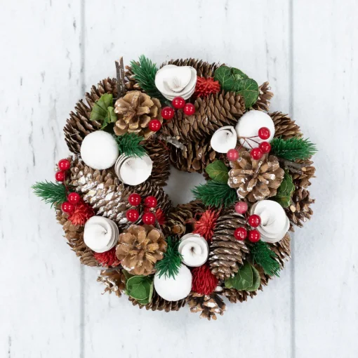 New White Wooden Rose, Pine Cone and Berry Artificial Christmas Wreath, 10-Inch, Unlit Pre Decorated