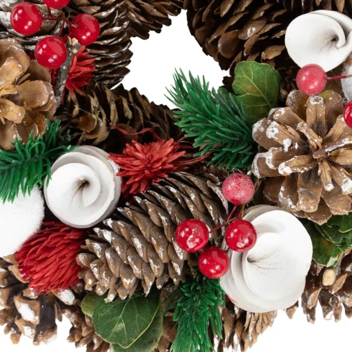 New White Wooden Rose, Pine Cone and Berry Artificial Christmas Wreath, 10-Inch, Unlit Pre Decorated