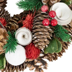 New White Wooden Rose, Pine Cone and Berry Artificial Christmas Wreath, 10-Inch, Unlit Pre Decorated