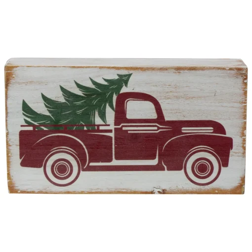 Outlet Wooden Block with Vintage Red Truck and Tree Christmas Decoration - 6" Wall