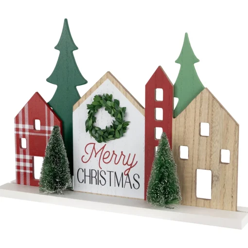 Discount Wooden "Merry Christmas" Houses with Trees Decoration - 15" - Red and Green Wall