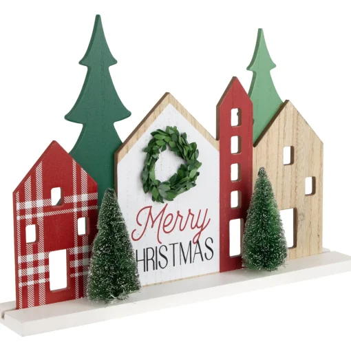 Discount Wooden "Merry Christmas" Houses with Trees Decoration - 15" - Red and Green Wall