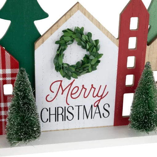 Discount Wooden "Merry Christmas" Houses with Trees Decoration - 15" - Red and Green Wall