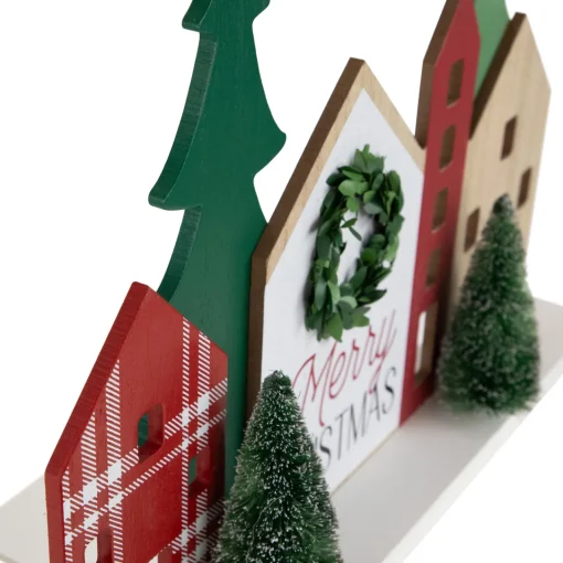 Discount Wooden "Merry Christmas" Houses with Trees Decoration - 15" - Red and Green Wall